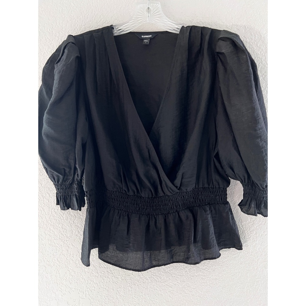 Express Black Puff Sleeve Smocked Peplum Blouse V-Neck Wrap Top L